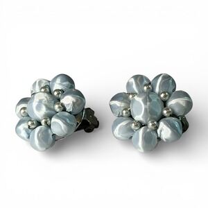 Vintage Japan Blue Moonglow Bead Cluster Clip On Earrings Silver Tone Floral